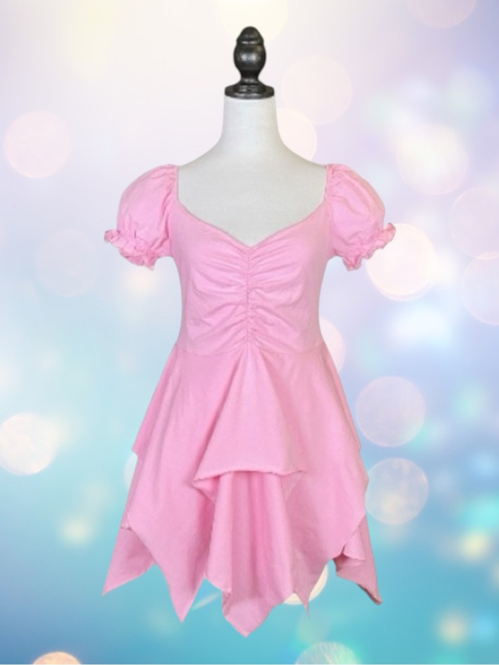 Dolls Kill Current Mood Dress Pink Ruched Pixie Hem Puff Sleeve Fairycore L NWT